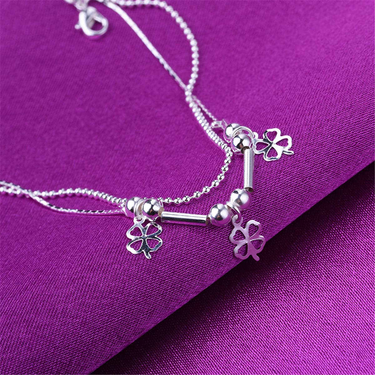Silvertone Open Clover Layered Anklet