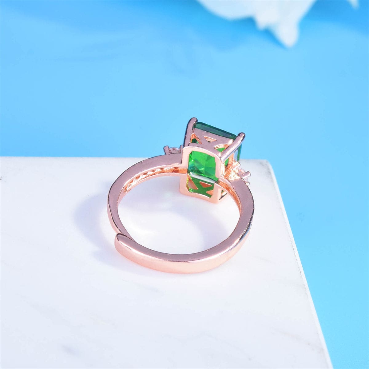 Green Crystal & Cubic Zirconia Rose Goldtone Adjustable Ring