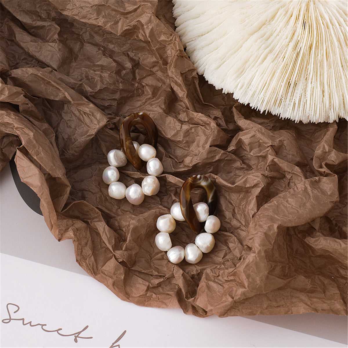 Pearl & Brown Resin Silvertone Beaded Drop Earrings