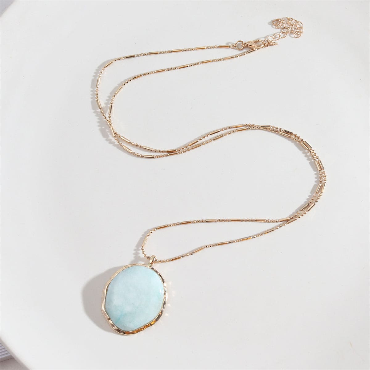 Light Blue Turquoise & Goldtone Oval Pendant Necklace