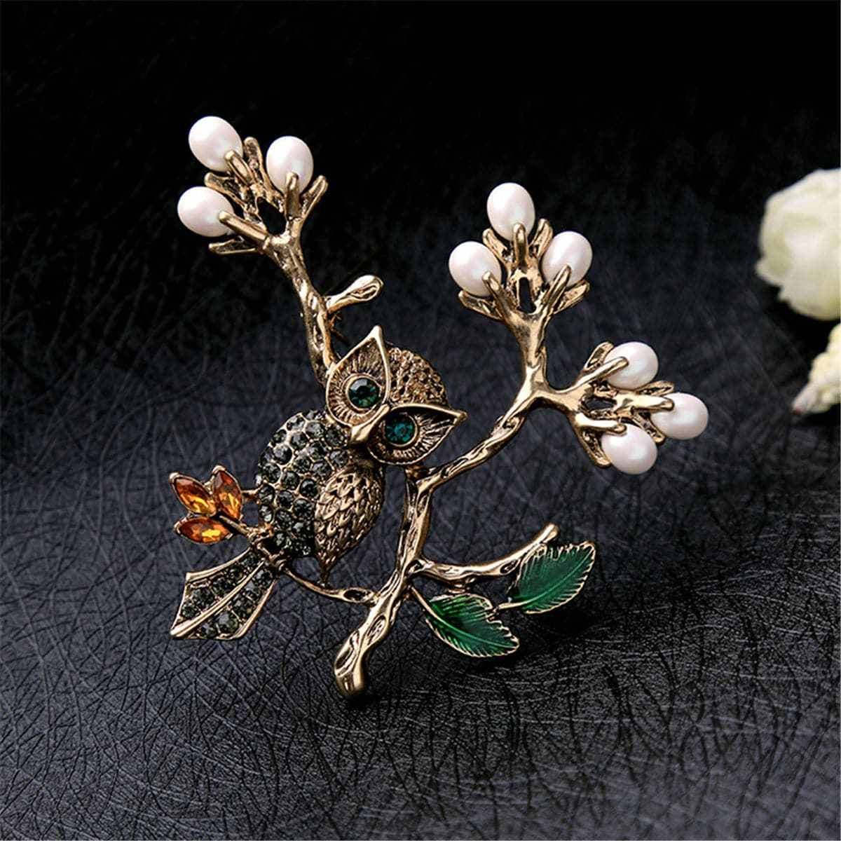 Pearl & Cubic Zirconia Goldtone Owl Branch Brooch