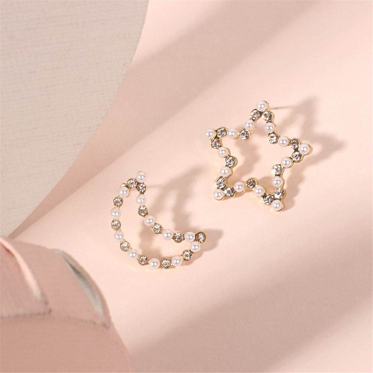 Cubic Zirconia & Pearl Open Celestial Stud Earrings