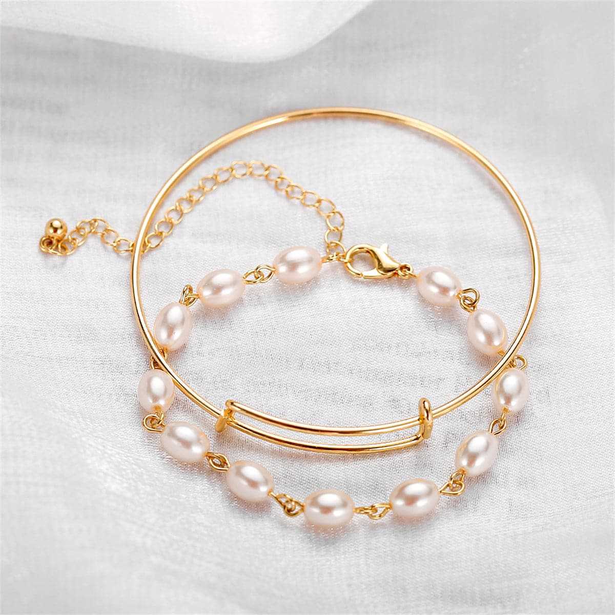 Pearl & Goldtone Adjustable Bangle Set