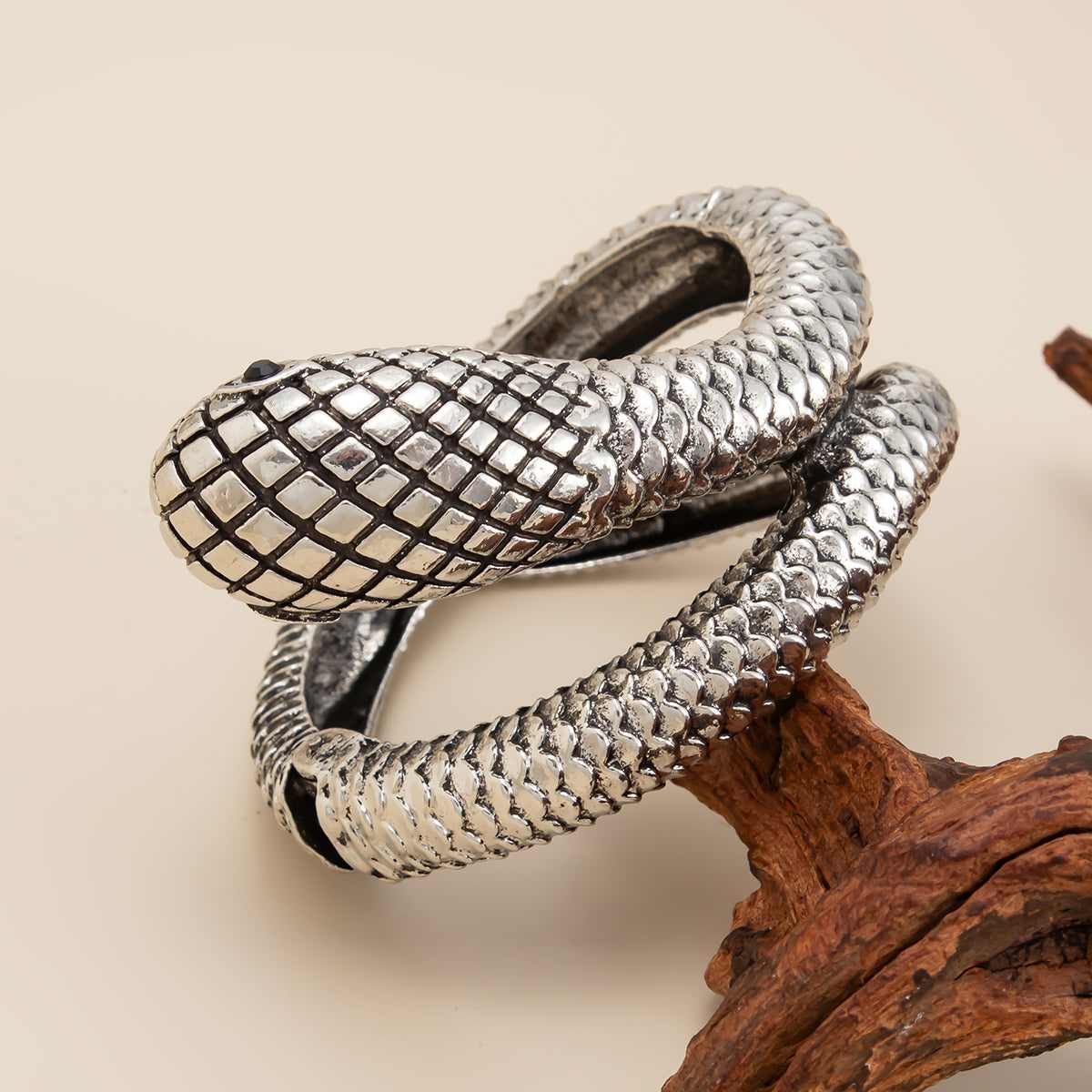 Cubic Zirconia & Silvertone Textured Snake Layered Bangle