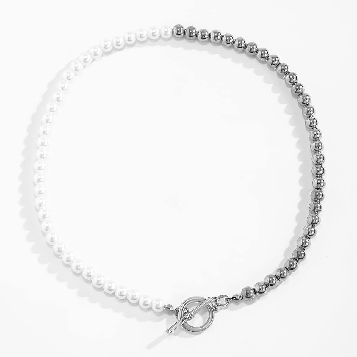 Pearl & Silvertone Half Bead Chain Toggle Necklace