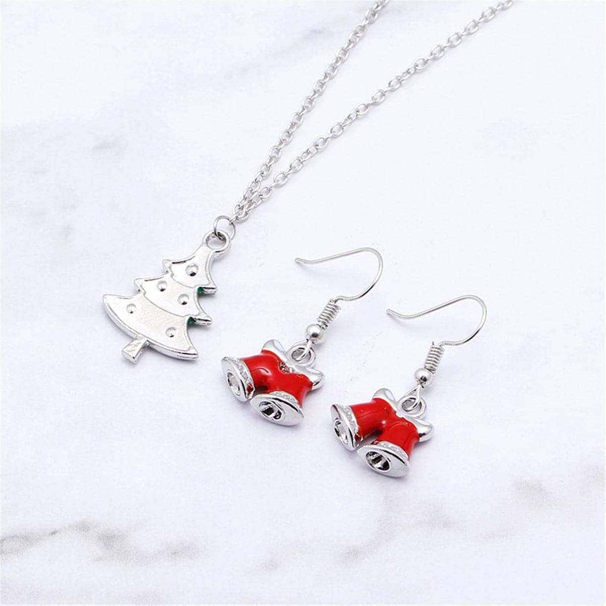 Red Enamel & Silvertone Bell Drop Earrings & Christmas Tree Pendant Necklace Set