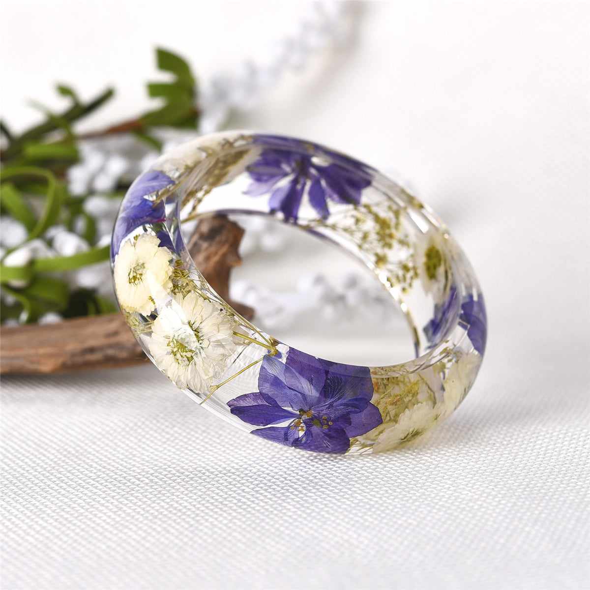 Indigo & Green Dried Floral Resin Bangle