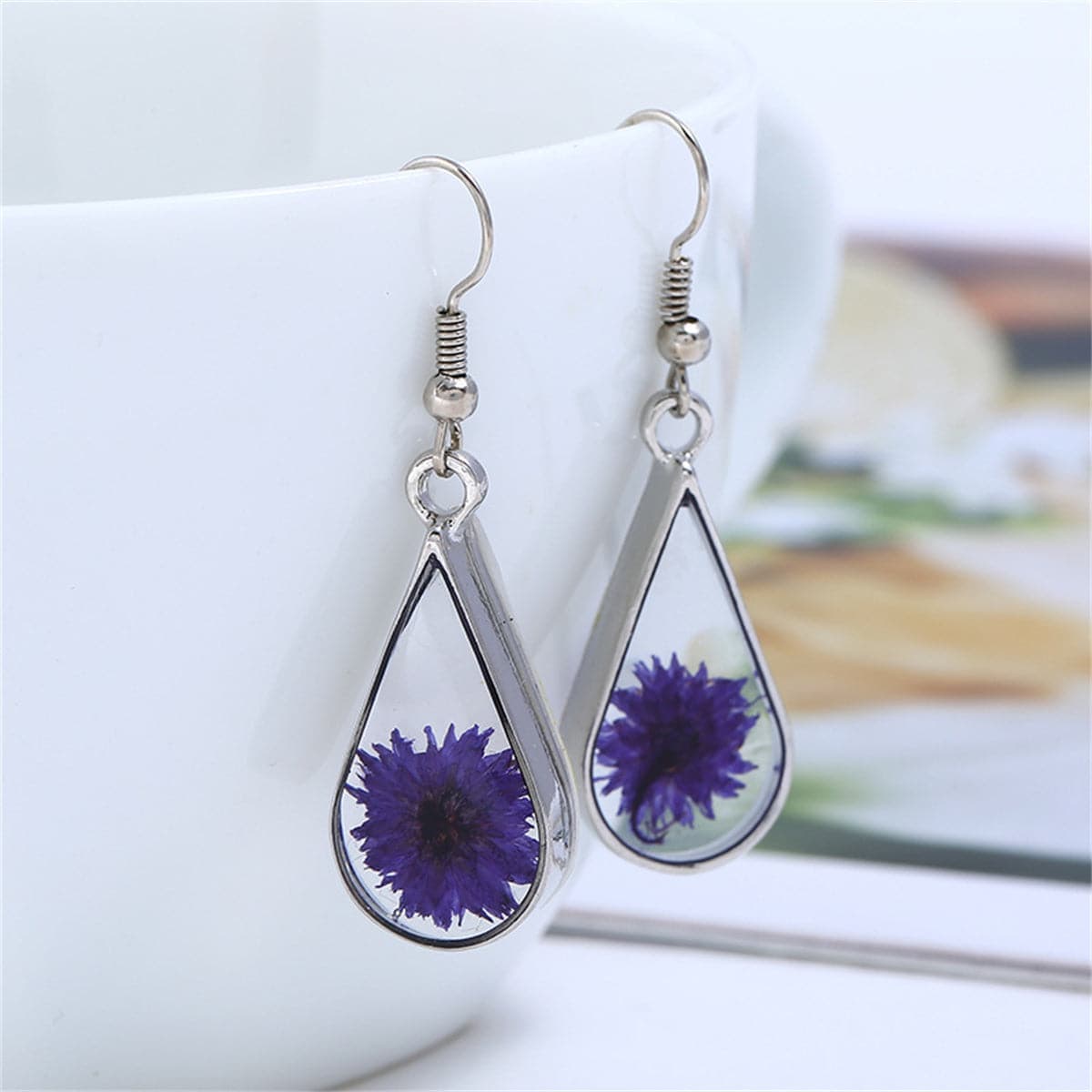 Purple Pressed Peony & Silvertone Drop Earrings