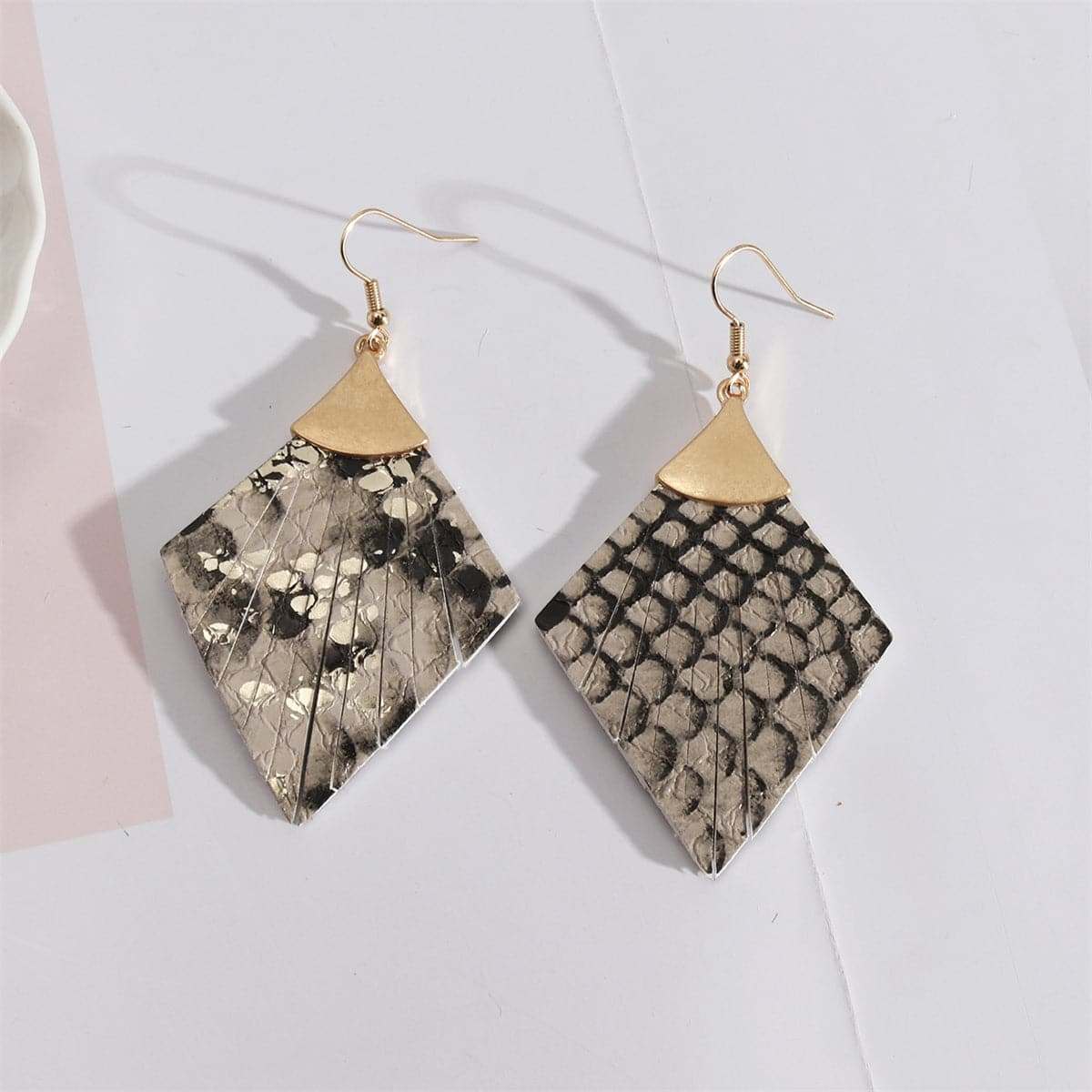 Gray Polyurethane & Goldtone Snake-Print Rhombus Drop Earrings