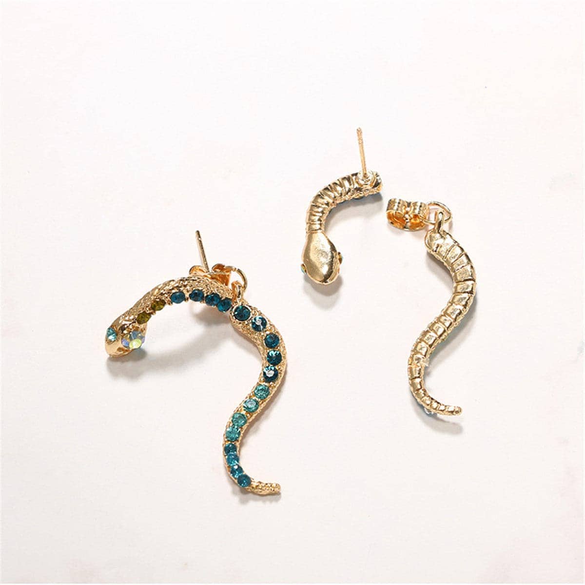 Blue Cubic Zirconia & Goldtone Snake Drop Earrings