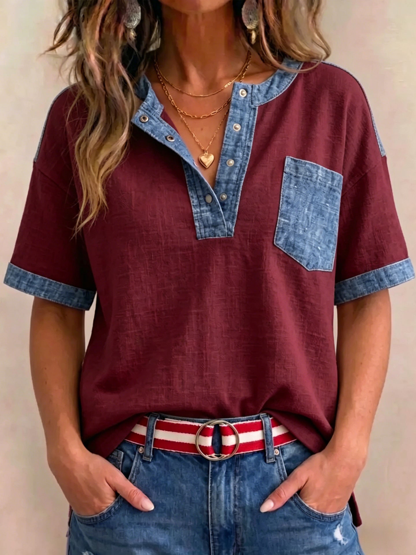 Women's Casual Loose-Fit Color-Block Patchwork Short-Sleeve Top