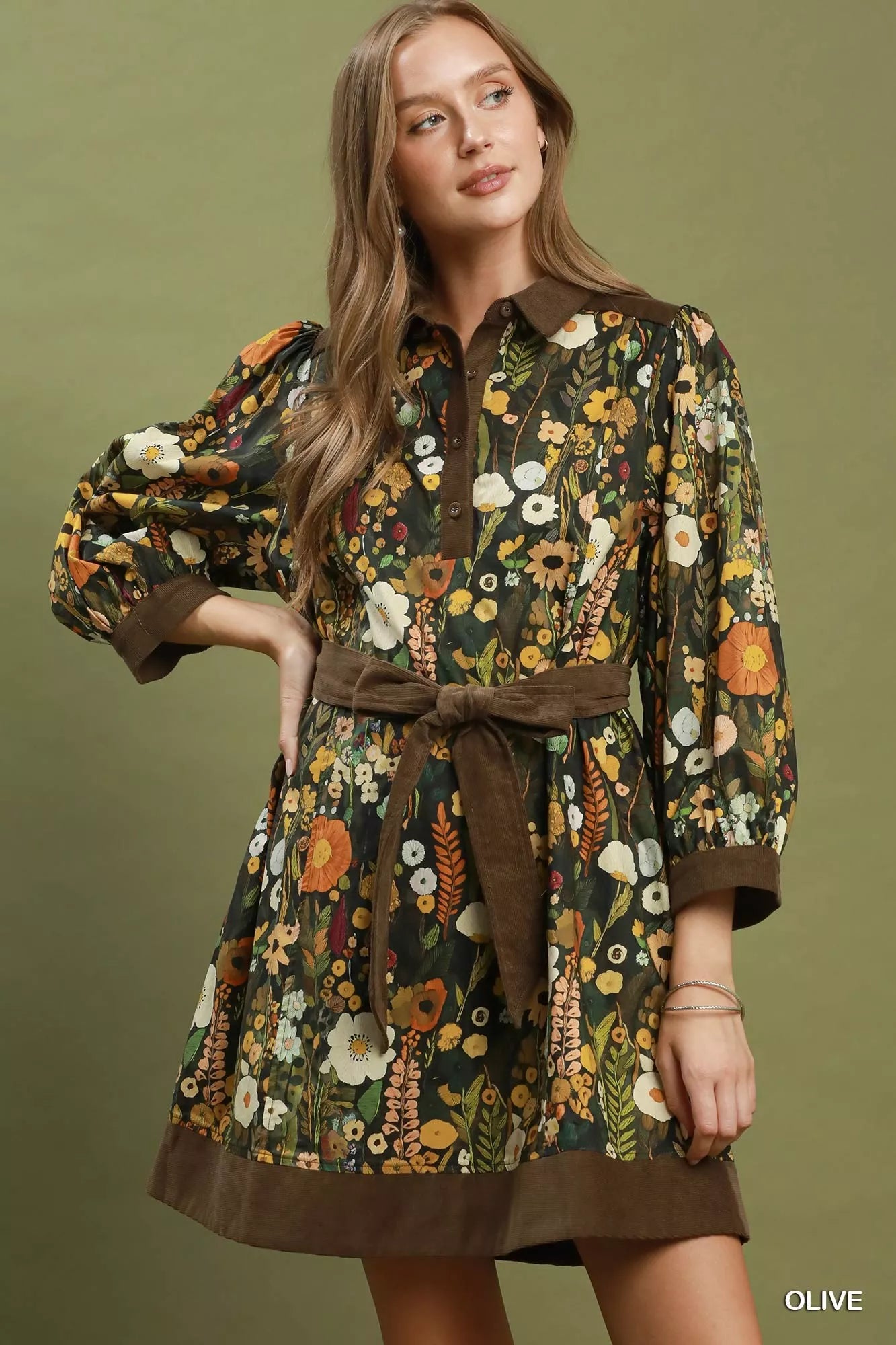 umgee mini dress Floral Print Belted Puff Sleeve OLIVE / M Retro Wedding Dresses Details Brand TOM FORD Sequin-embellished knee-length Size:2XL (18-18 1/2) 36/37