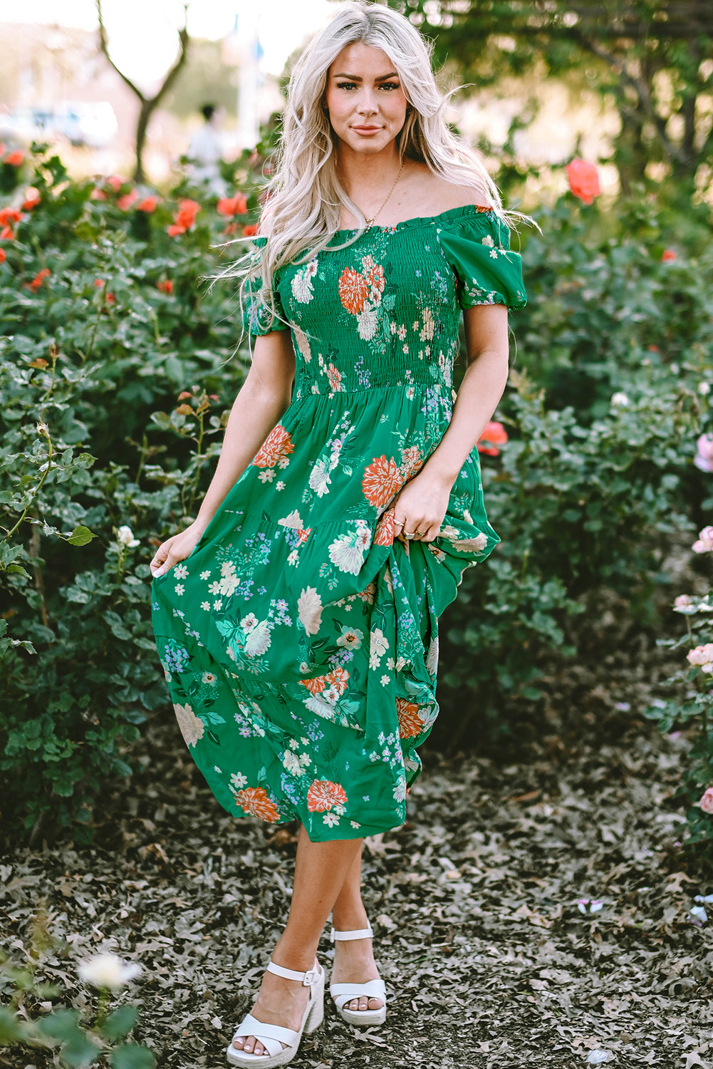 Threaded Pear Kailany Floral Bubble Sleeve Smocked Tiered Midi Dress