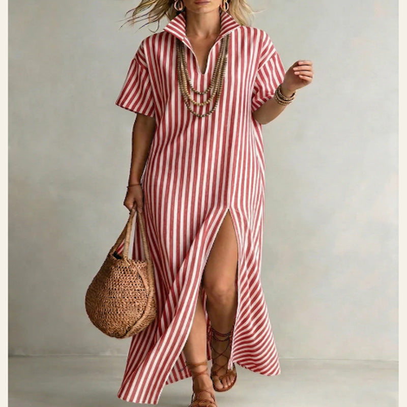 Women's Striped Slit Cotton-Linen Maxi Dress – V-Neck Short Sleeve