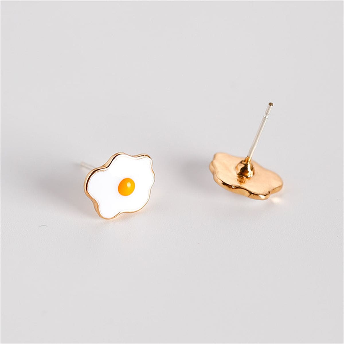 White Enamel & Goldtone Poached Eggs Stud Earrings