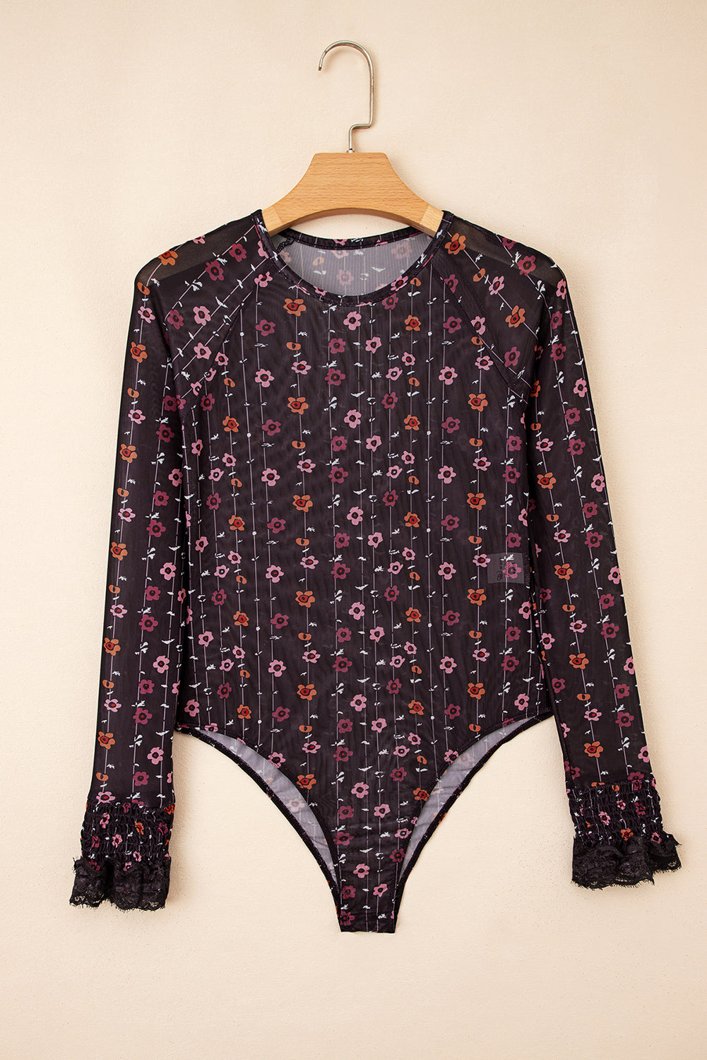 Samantha Floral Print Smocked Cuff Slim Fit Mesh Bodysuit