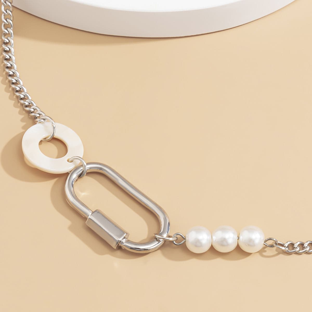 Pearl & Acrylic Silvertone Carabiner Choker Necklace