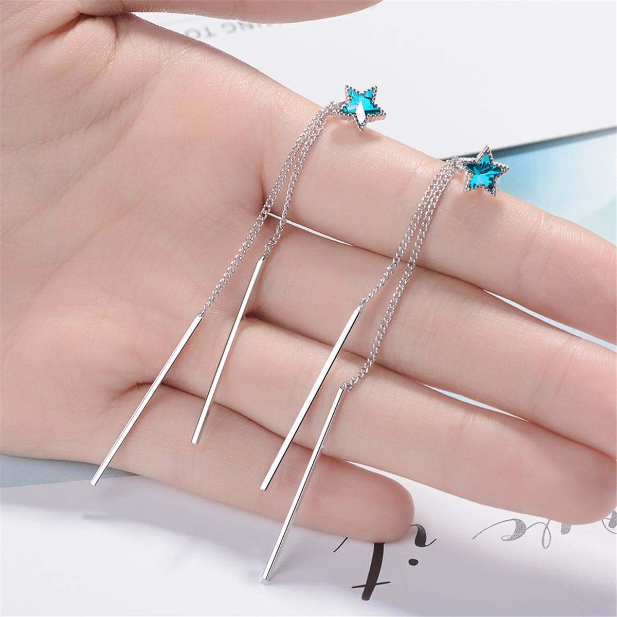 Blue Crystal & Silvertone Star & Tassel Drop Earrings