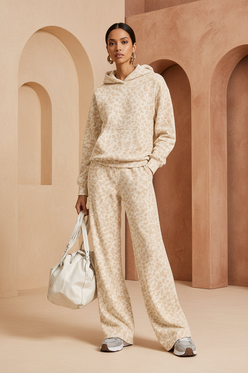 Women's Washed Leopard Print Oversized Hoodie & Wide-Leg Pants Set