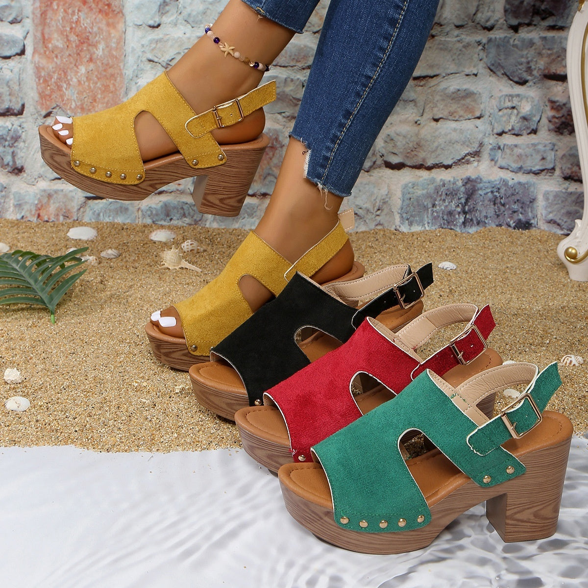 Women's Peep-Toe Chunky Heel Buckle Sandals – Zulily