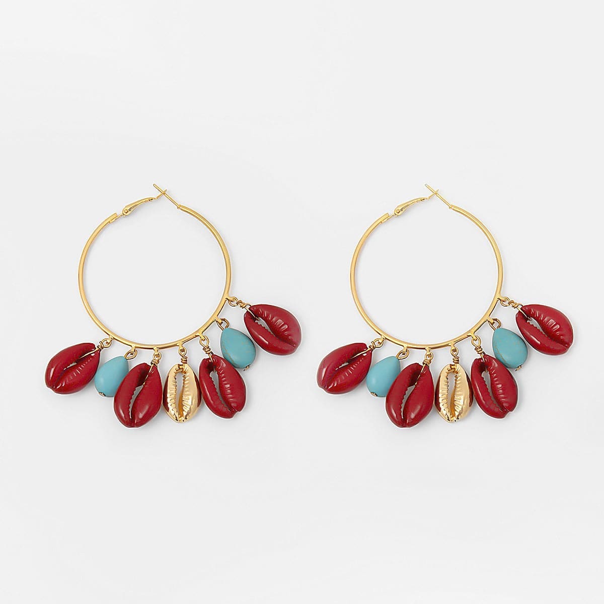 Turquoise & Red Shell Charm Hoop Earrings