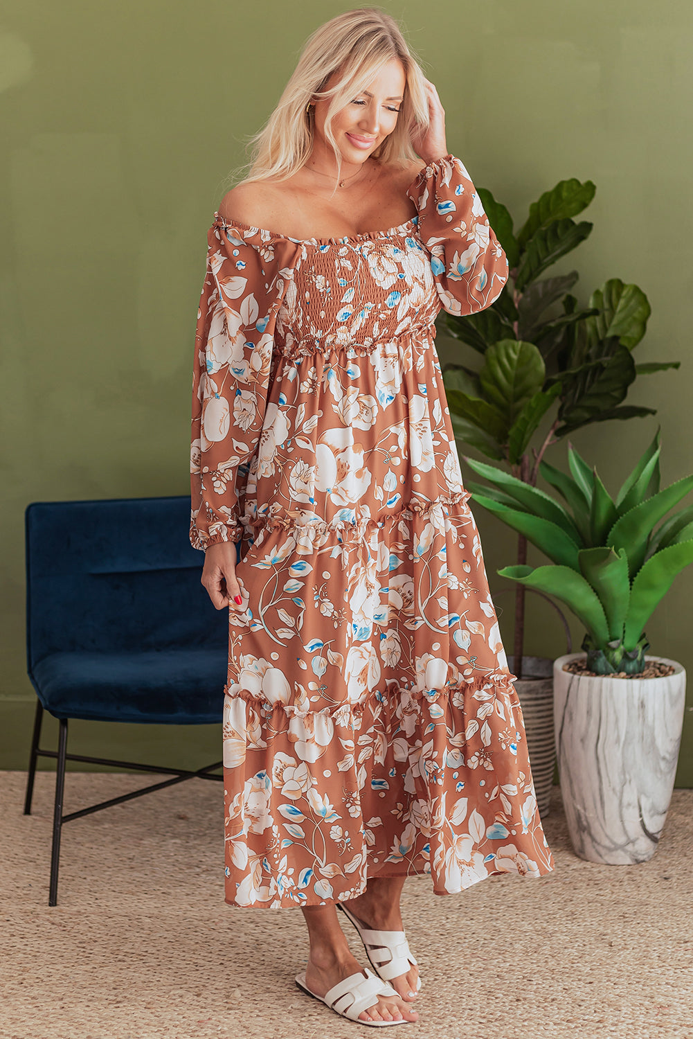 Threaded Pear Willow Floral Shirred Square Neck High Waist Maxi Dress
