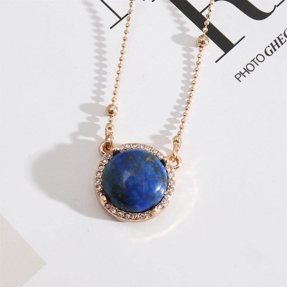 Blue Lapis & Cubic Zirconia Bead-Chain Round Pendant Necklace