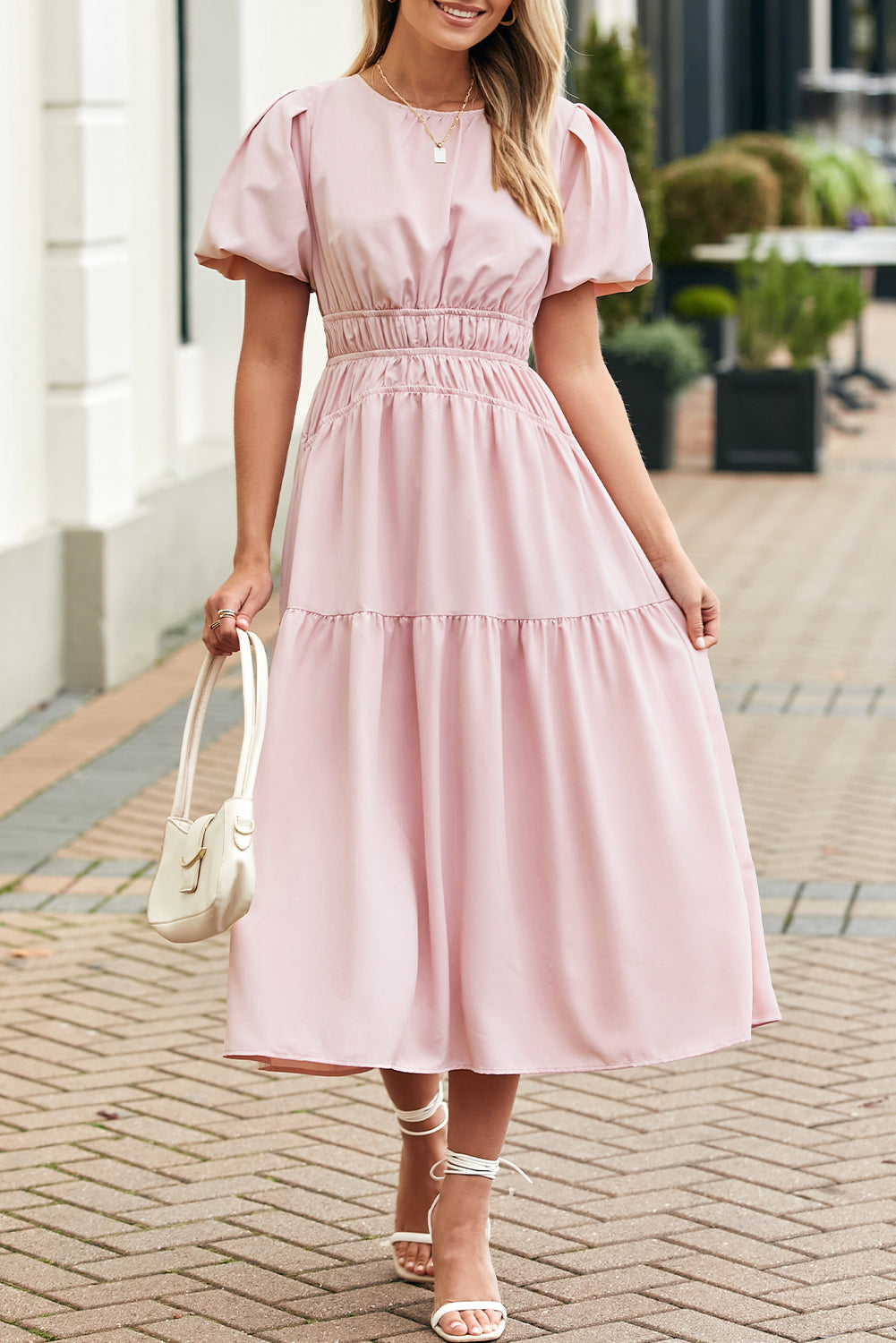 Threaded Pear Lara Puff Sleeve Pleated High Waist Midi Dress