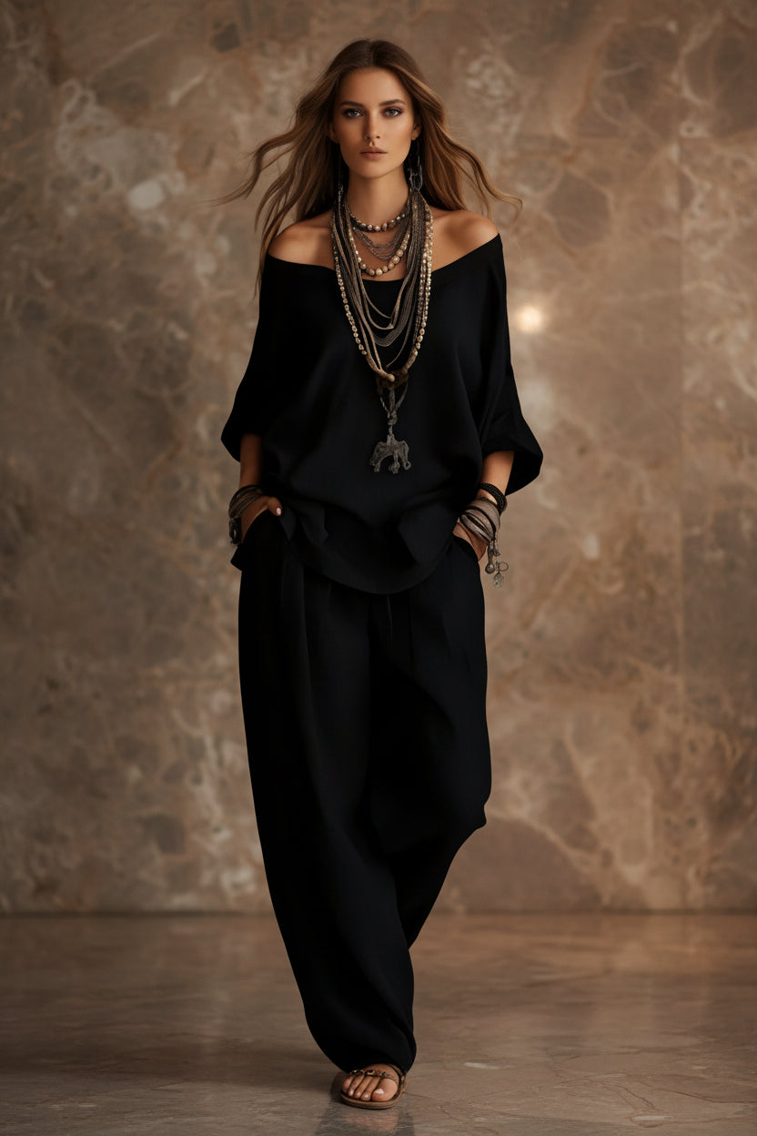 Women's Oversized Batwing Sleeve V-Neck Top & Barrel Wide-Leg Pants Boho Set