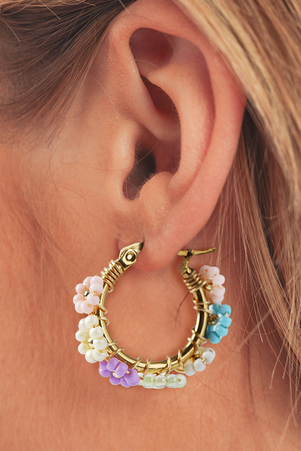 Threaded Pear Gold Beaded Flower Hoop Earrings