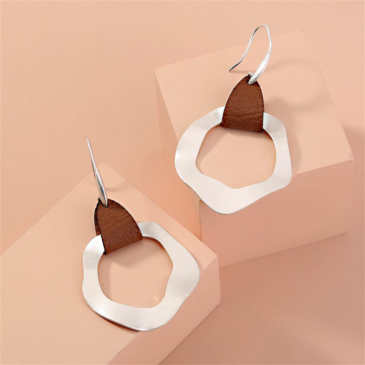 Brown Polyurethane & Silvertone Drop Earrings
