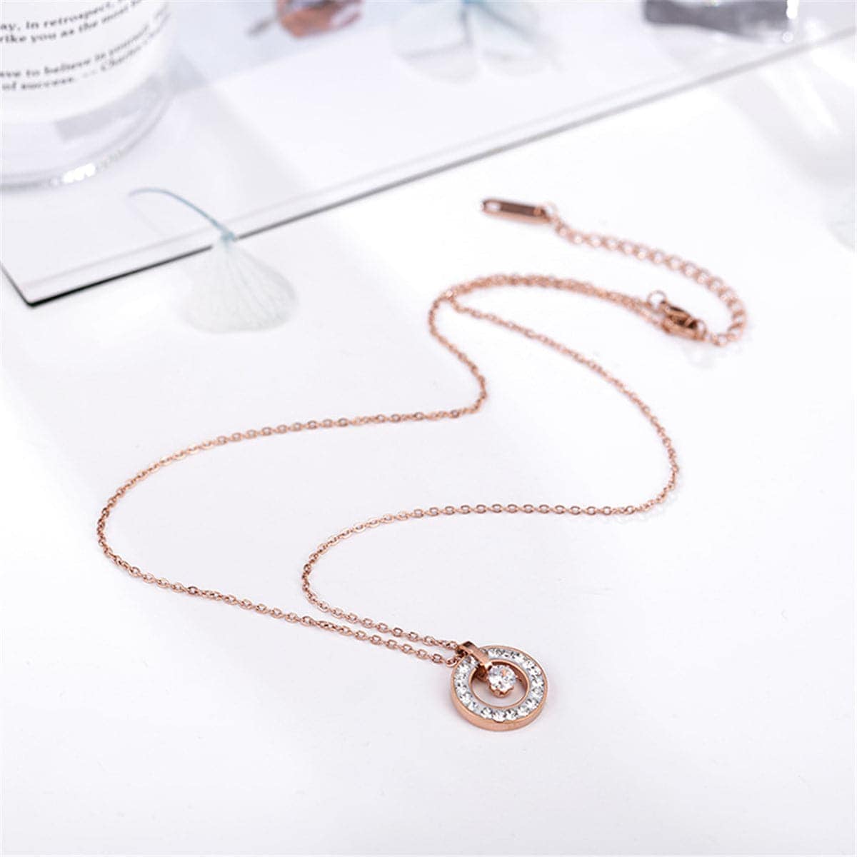 Cubic Zirconia Rose Goldtone Ring Pendant Necklace