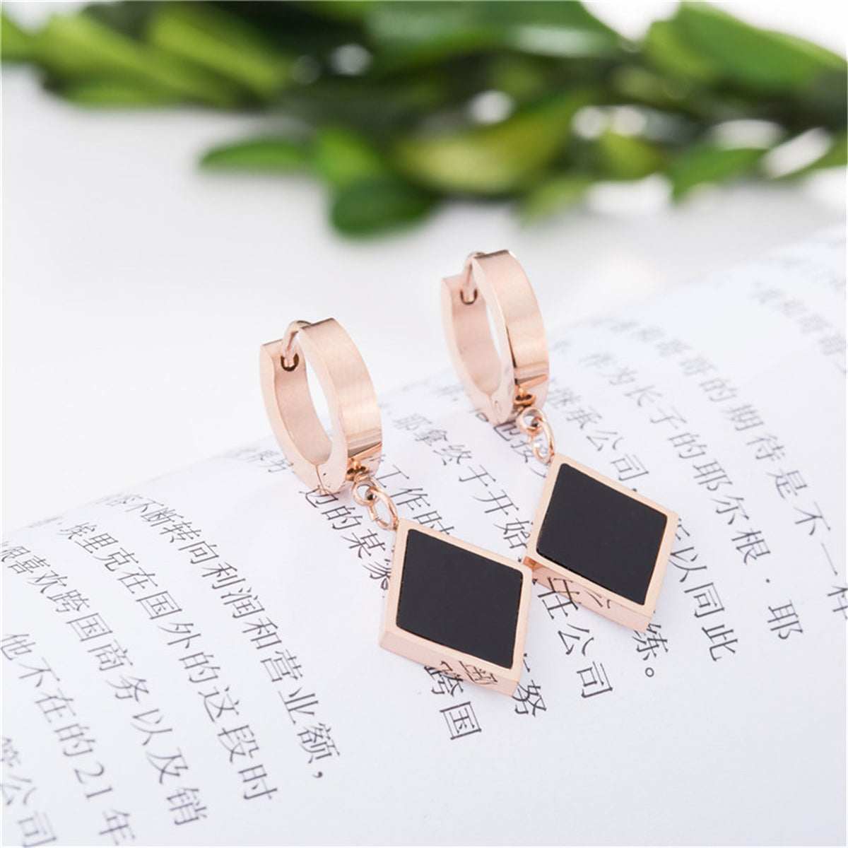 Black & Rose Goldtone Rhombus Drop Earrings