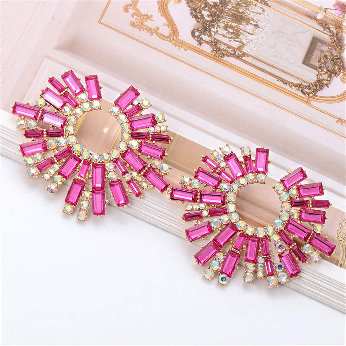 Pink Cubic Zirconia & Goldtone Hola Round Stud Earrings