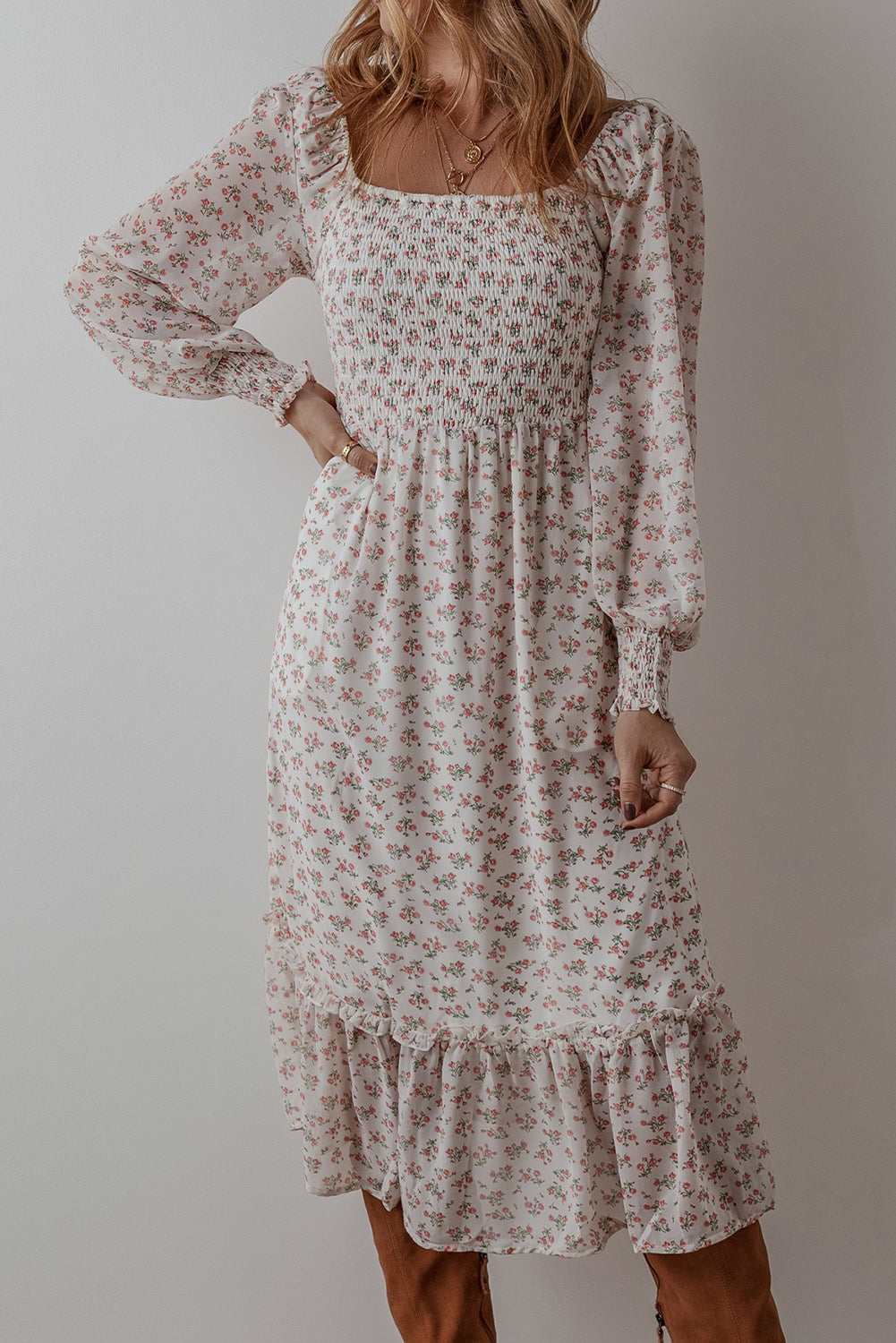 Threaded Pear Delaney Ruffled Hem Square Neck Midi Dress
