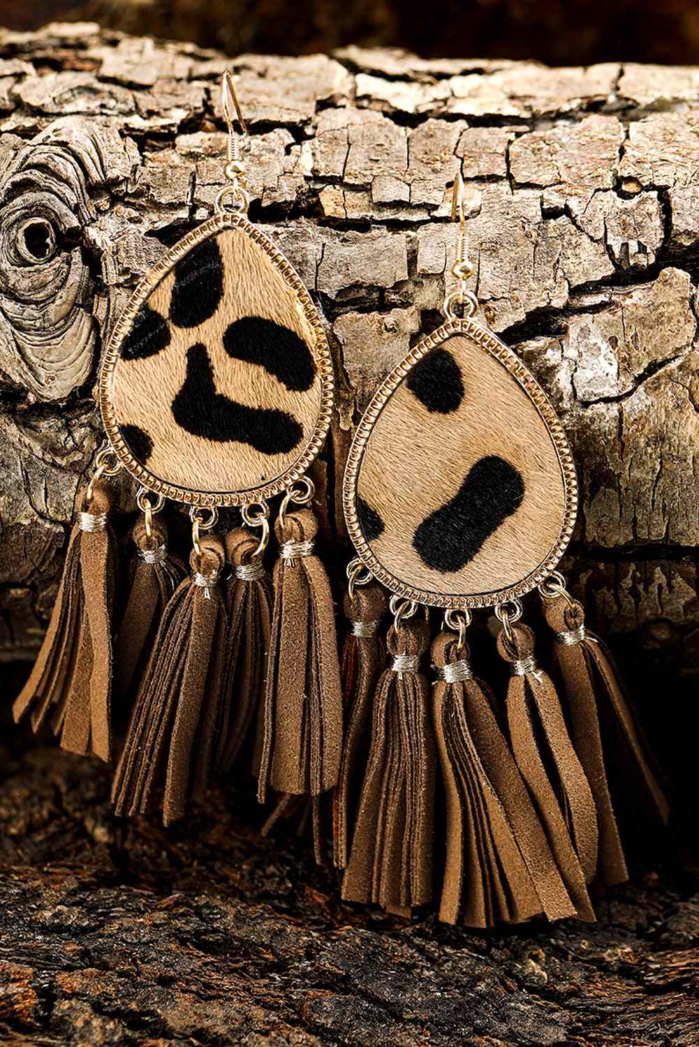 Threaded Pear Boho Leopard Tasseled Hook Earrings