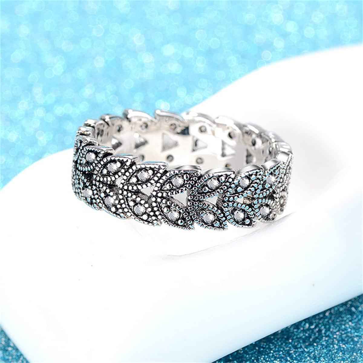 Cubic Zirconia & Silvertone Leaves Band Ring-2