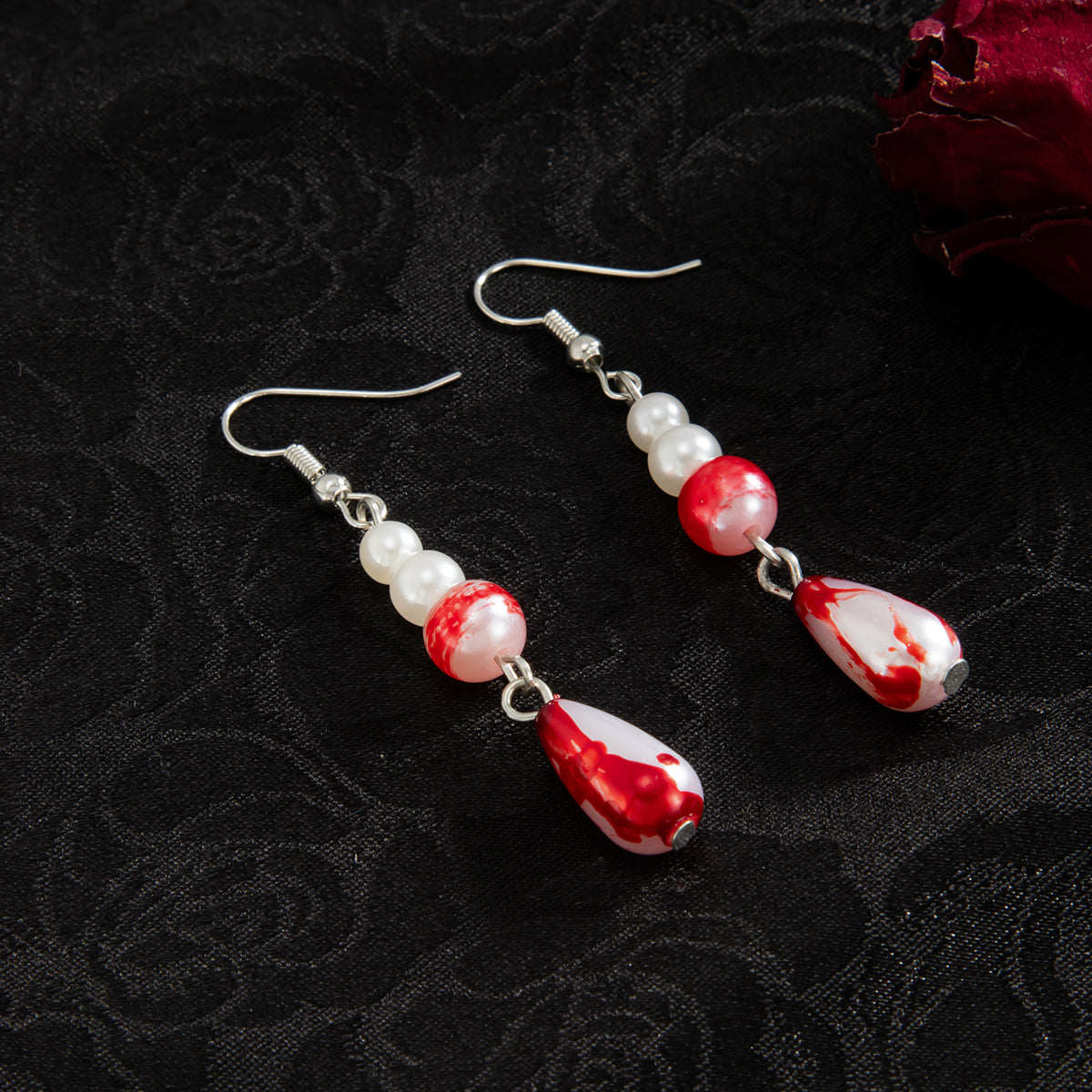 Pearl & Red Enamel Silvertone Drop Dangle Earrings
