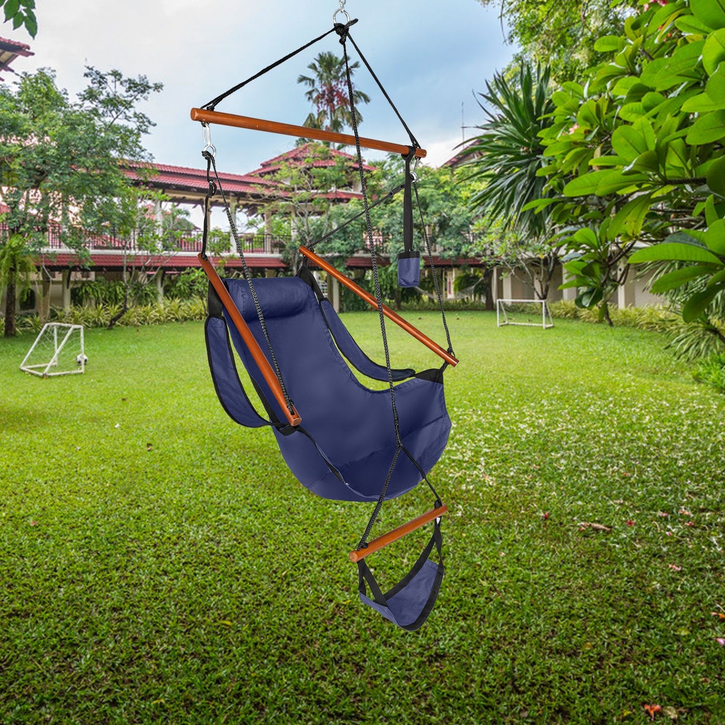 InQ Boutique Oxford Cloth Hardwood with Cup Holder Wooden Stick Perforated 100kg Seaside Courtyard Oxford Cloth Hanging Chair Blue RT - Green