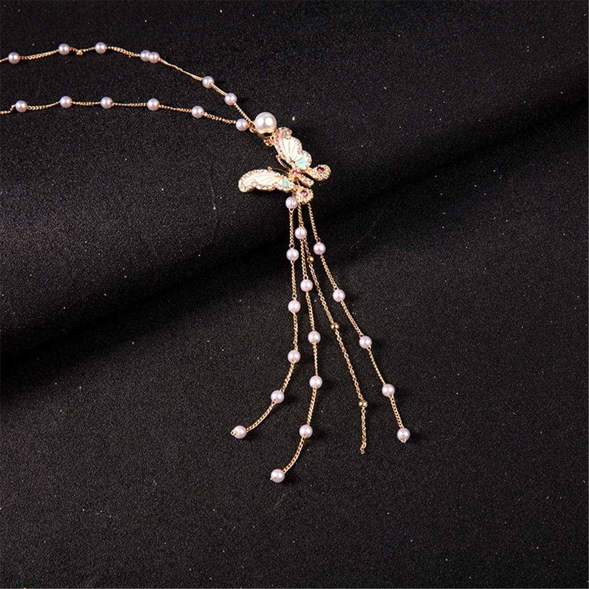 Pearl & Cubic Zirconia Enamel Butterfly Tassel Pendant Necklace