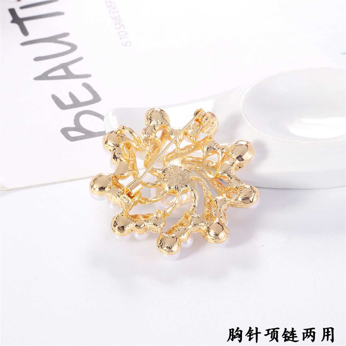 Clear Cubic Zirconia & Pearl Goldtone Vortex Brooch