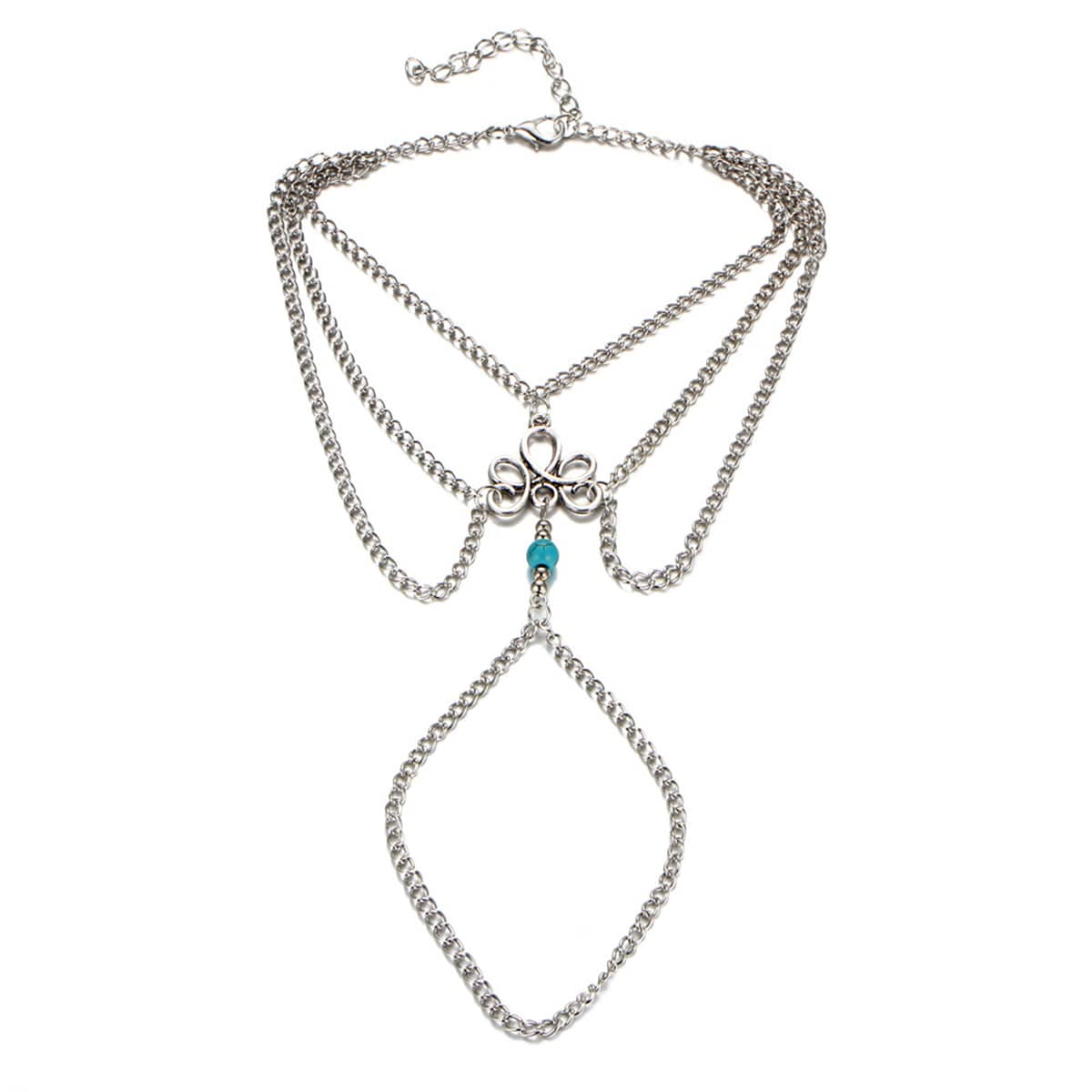 Teal Resin & Silvertone Ankle-To-Toe-Ring Anklet