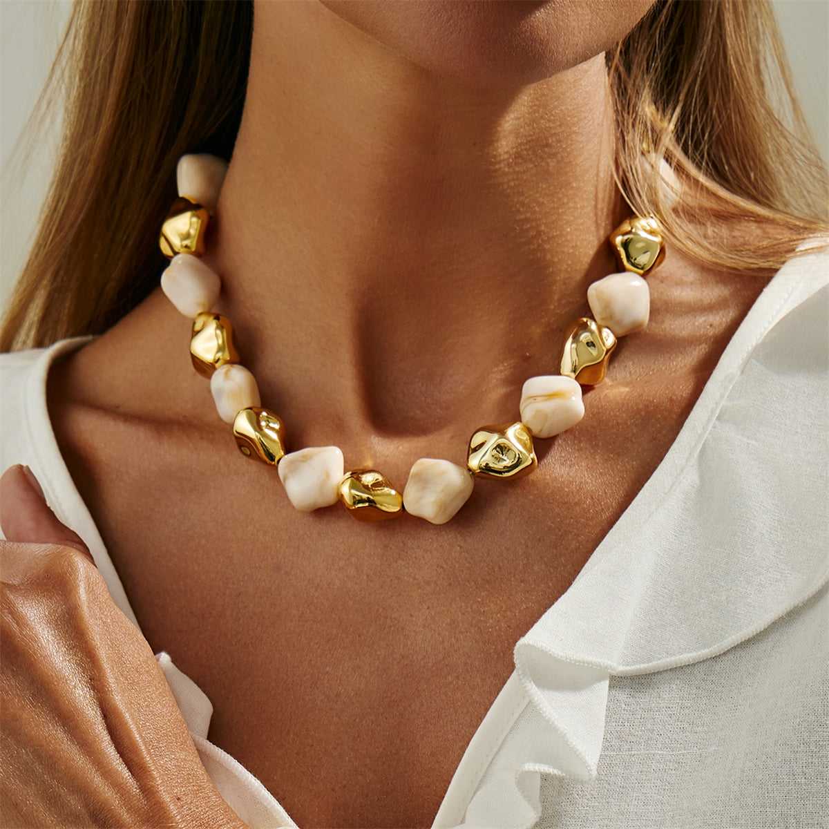 Beige Resin & Goldtone Irregular Rhombus Station Collar Necklace