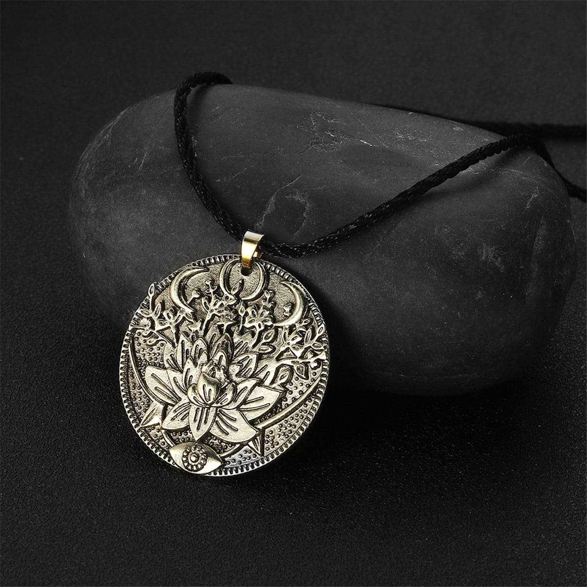Goldtone Lotus Flower Engraved Pendant Necklace