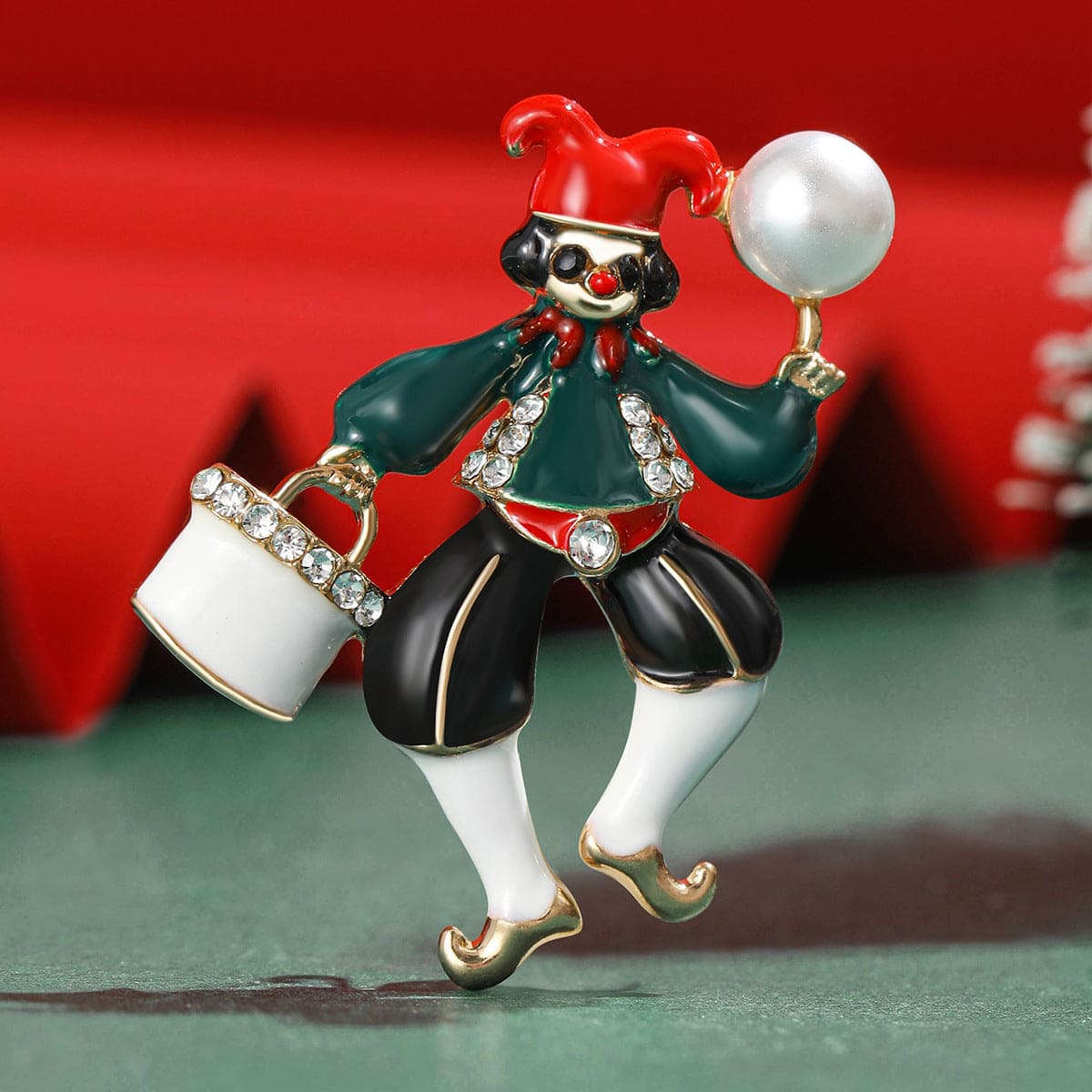 Cubic Zirconia & Pearl Enamel Goldtone Clown Brooch