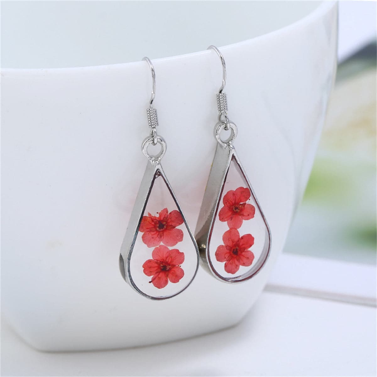 Double Red Pressed Peach Flower & Silvertone Drop Earrings