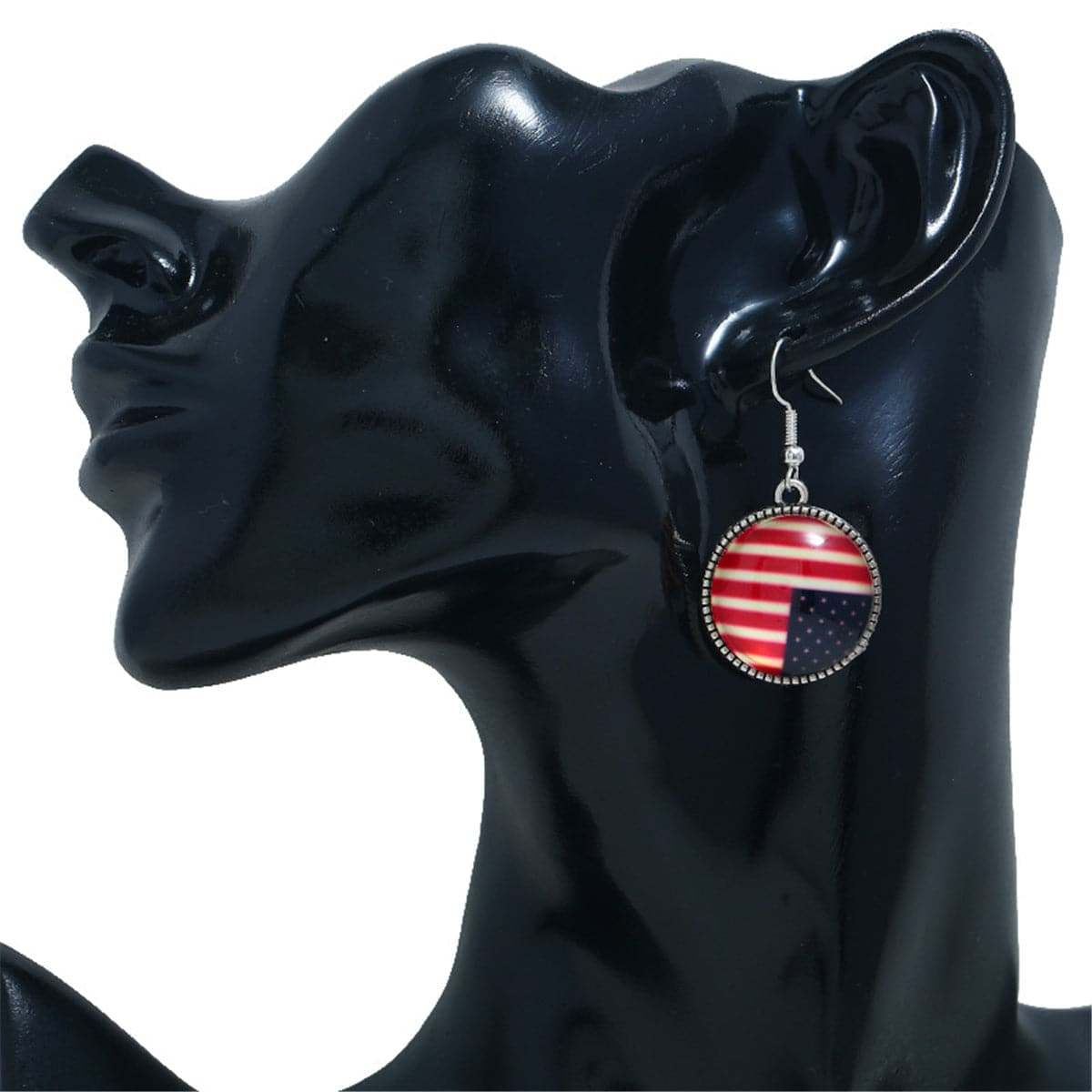 Red Resin & Silvertone American Flag Round Drop Earrings