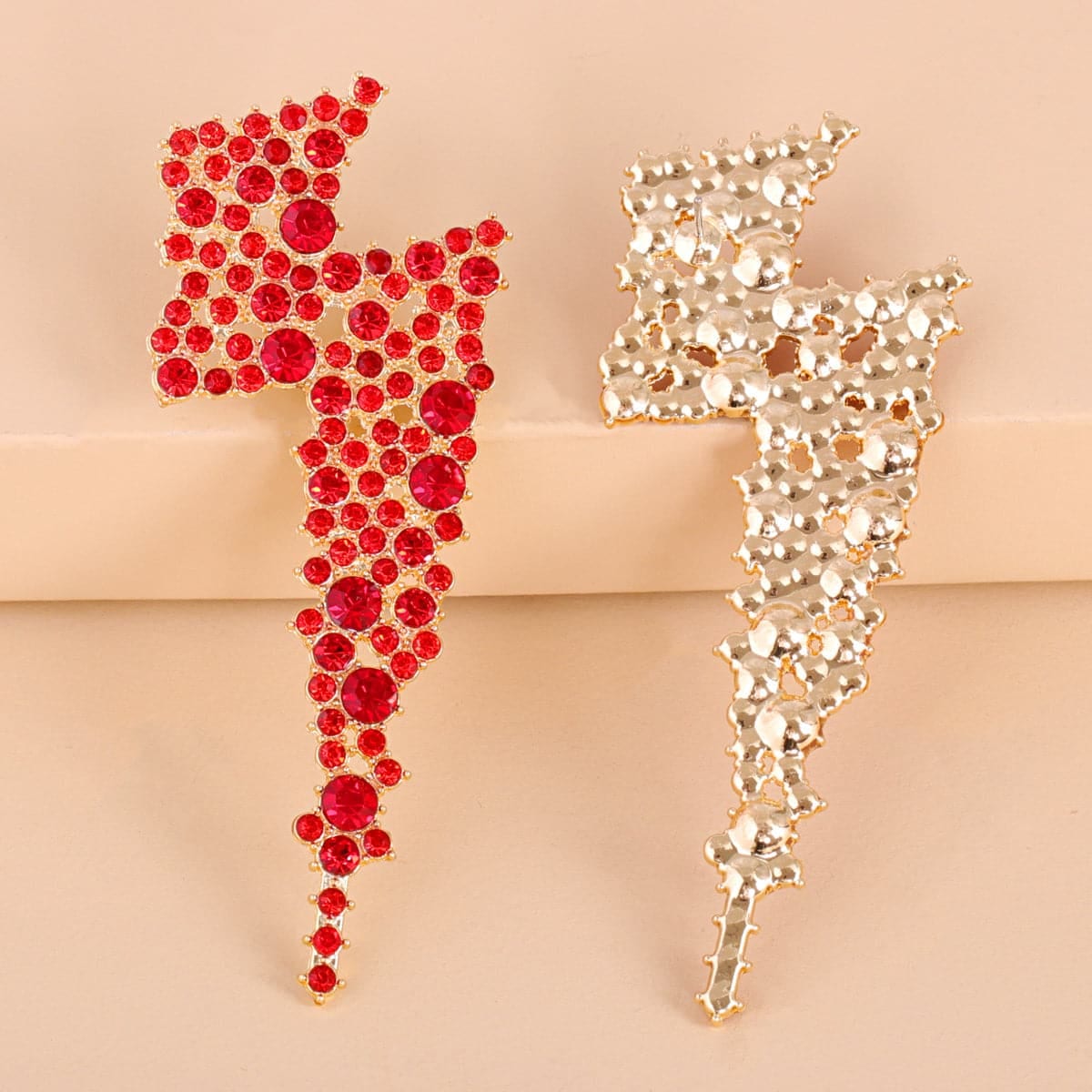 Red Cubic Zirconia & Goldtone Lightning Stud Earrings