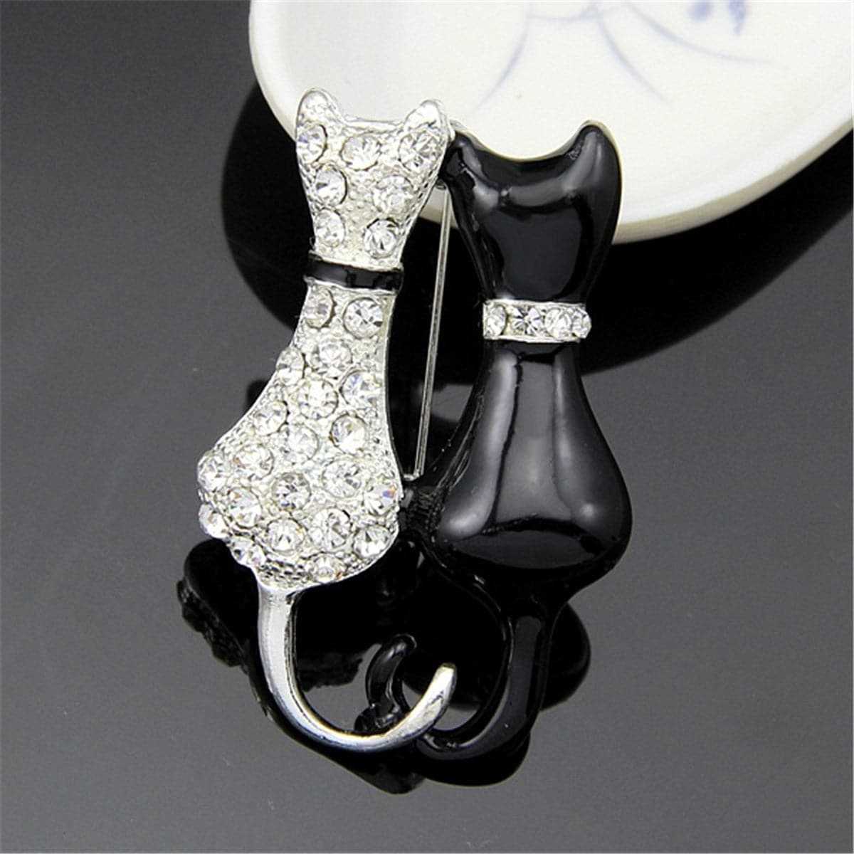 Cubic Zirconia & Black Kitty Brooch