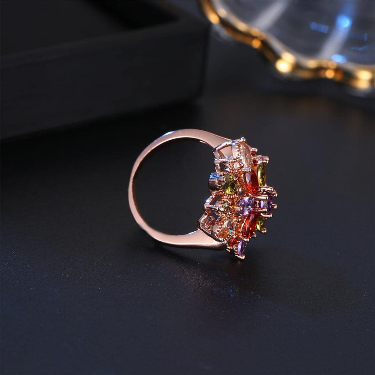 Jewel-Tone Crystal & Rose Goldtone Flower Ring